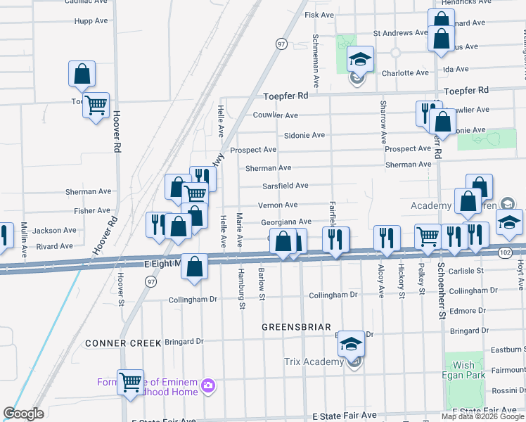 map of restaurants, bars, coffee shops, grocery stores, and more near 12468 Vernon Avenue in Warren