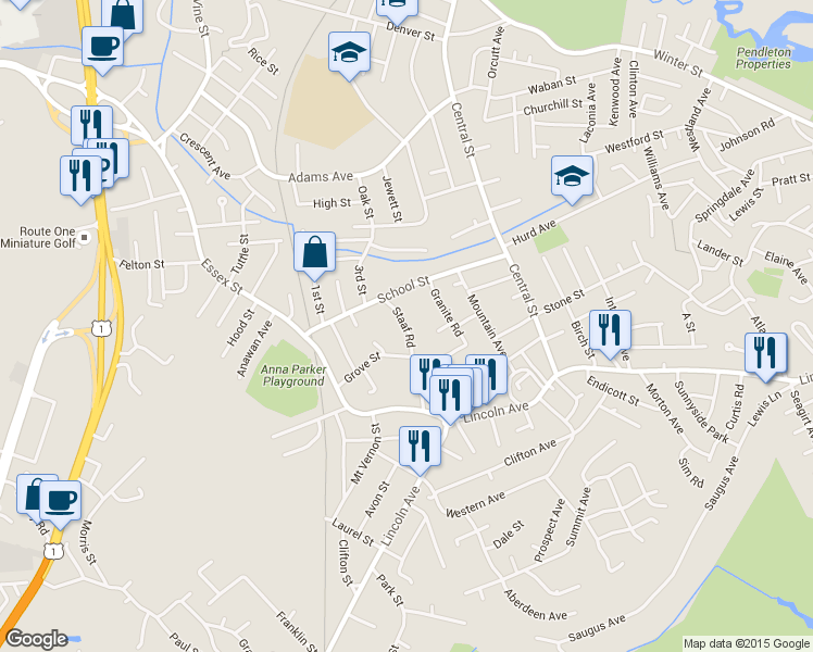 map of restaurants, bars, coffee shops, grocery stores, and more near 14 Staaf Road in Saugus