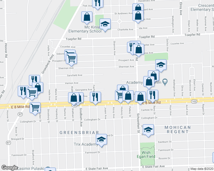 map of restaurants, bars, coffee shops, grocery stores, and more near 13125 E 8 Mile Rd in Warren