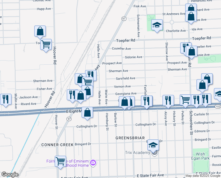 map of restaurants, bars, coffee shops, grocery stores, and more near 20885 Marie Avenue in Warren