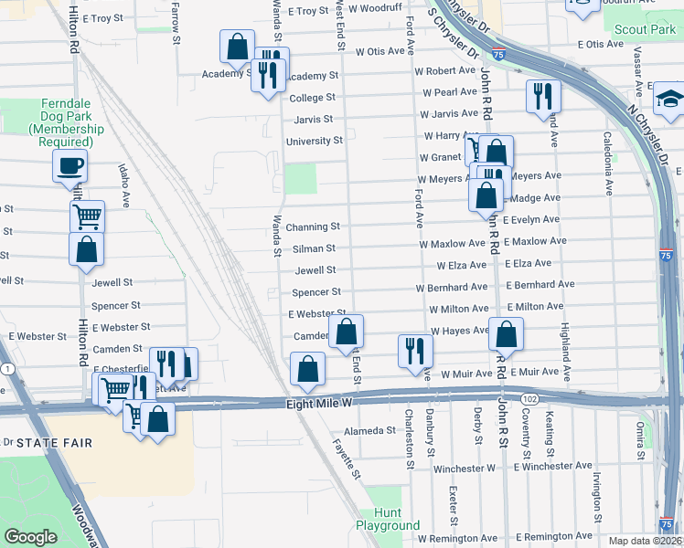 map of restaurants, bars, coffee shops, grocery stores, and more near 1585 Jewell Street in Ferndale