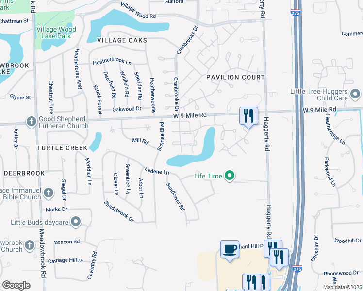 map of restaurants, bars, coffee shops, grocery stores, and more near 22038 Edgewater in Novi