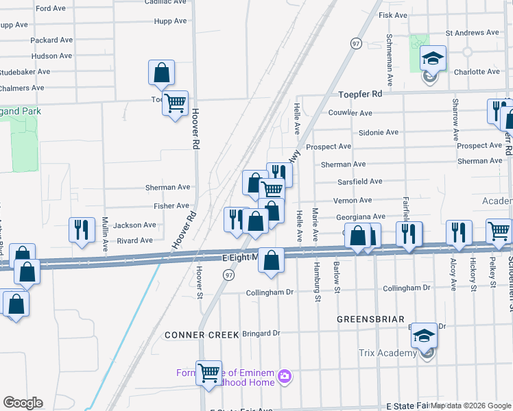map of restaurants, bars, coffee shops, grocery stores, and more near 20999 Groesbeck Highway in Warren