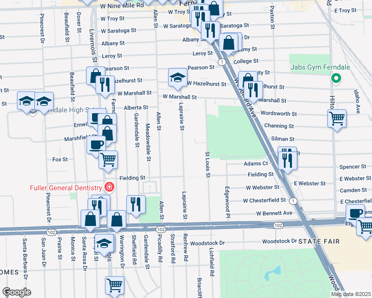 map of restaurants, bars, coffee shops, grocery stores, and more near 630 Laprairie Street in Ferndale