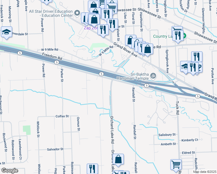 map of restaurants, bars, coffee shops, grocery stores, and more near 21755 Orchard Lake Road in Farmington Hills