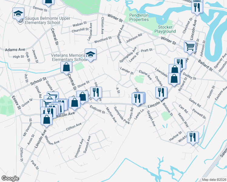 map of restaurants, bars, coffee shops, grocery stores, and more near 23 Hillside Avenue in Saugus