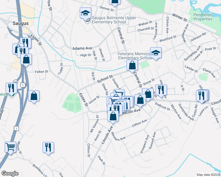 map of restaurants, bars, coffee shops, grocery stores, and more near 14 Staaf Road in Saugus