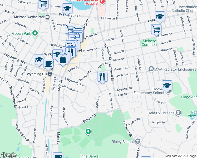 map of restaurants, bars, coffee shops, grocery stores, and more near 117 Linwood Avenue in Melrose