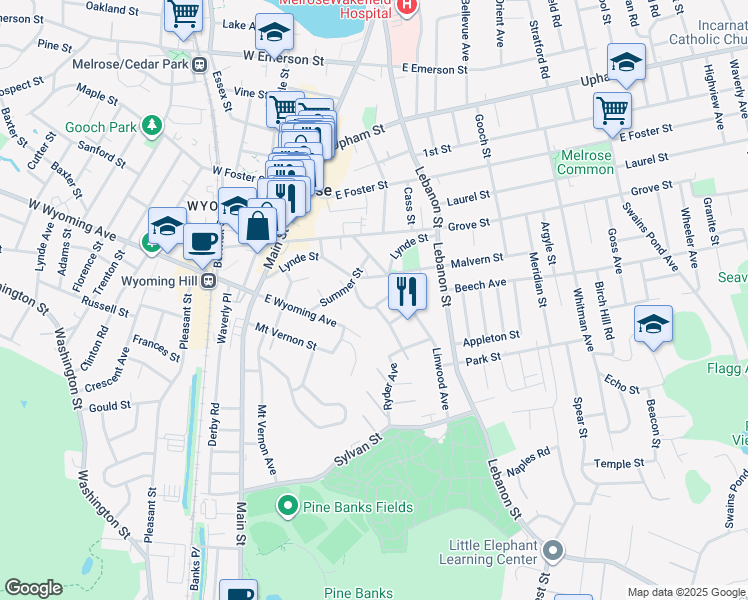 map of restaurants, bars, coffee shops, grocery stores, and more near 21-23 Rendall Place in Melrose
