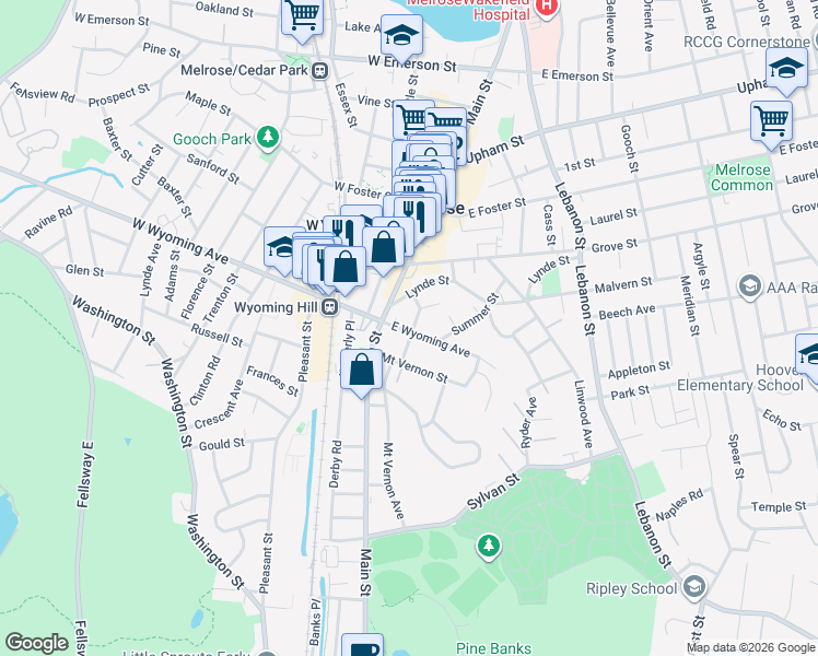 map of restaurants, bars, coffee shops, grocery stores, and more near 333 Main Street in Melrose