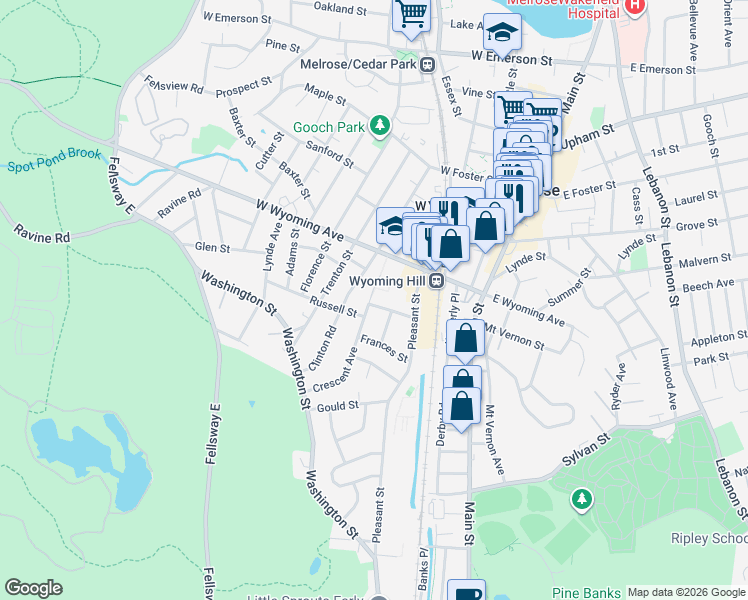 map of restaurants, bars, coffee shops, grocery stores, and more near 21 Everett Street in Melrose