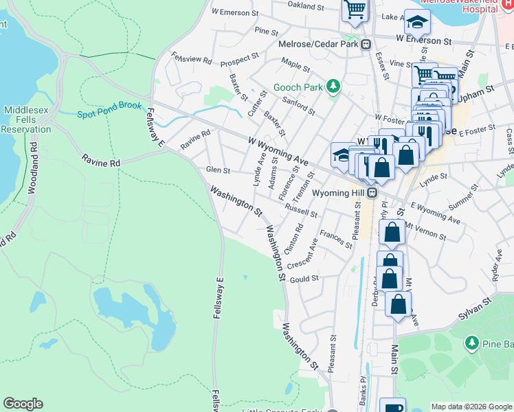 map of restaurants, bars, coffee shops, grocery stores, and more near 76 Russell Street in Melrose