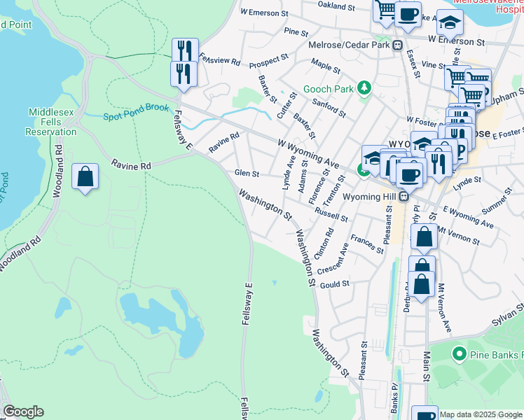 map of restaurants, bars, coffee shops, grocery stores, and more near 359 Washington Street in Melrose