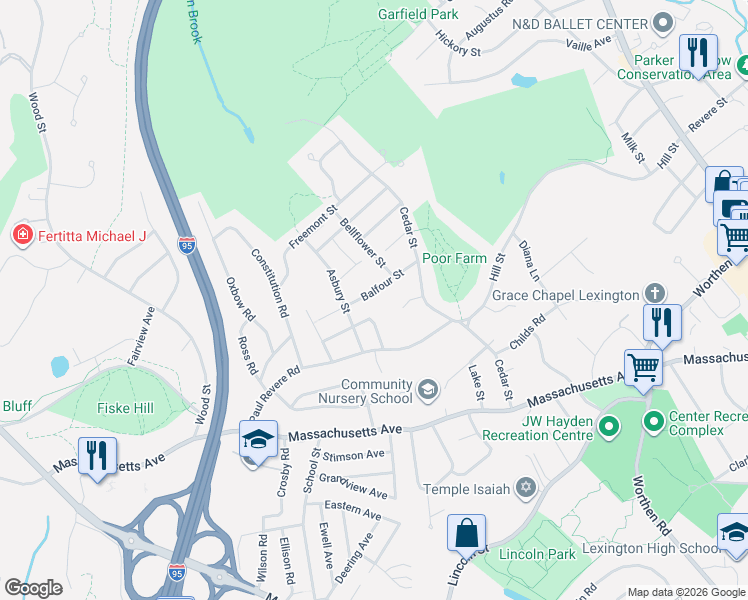 map of restaurants, bars, coffee shops, grocery stores, and more near 20 Balfour Street in Lexington