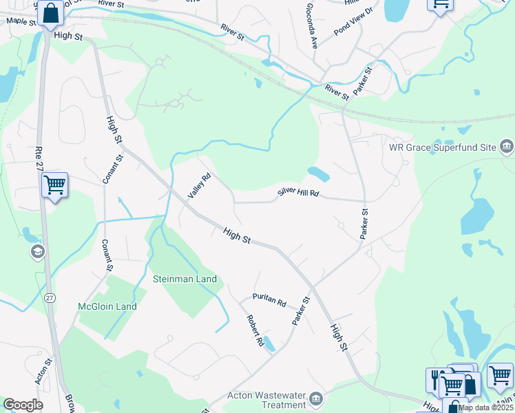 map of restaurants, bars, coffee shops, grocery stores, and more near 19 Silver Hill Road in Acton