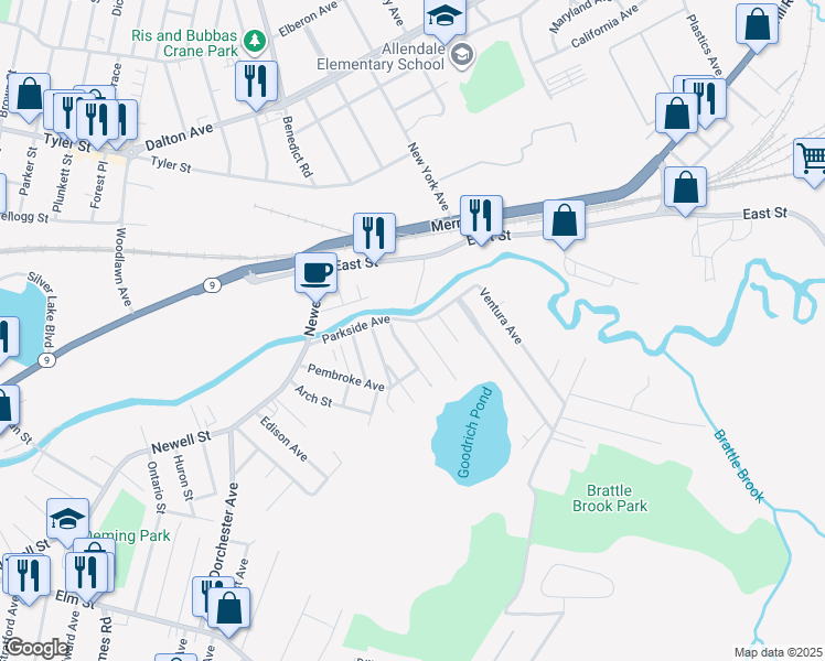 map of restaurants, bars, coffee shops, grocery stores, and more near 100 Parkside Avenue in Pittsfield
