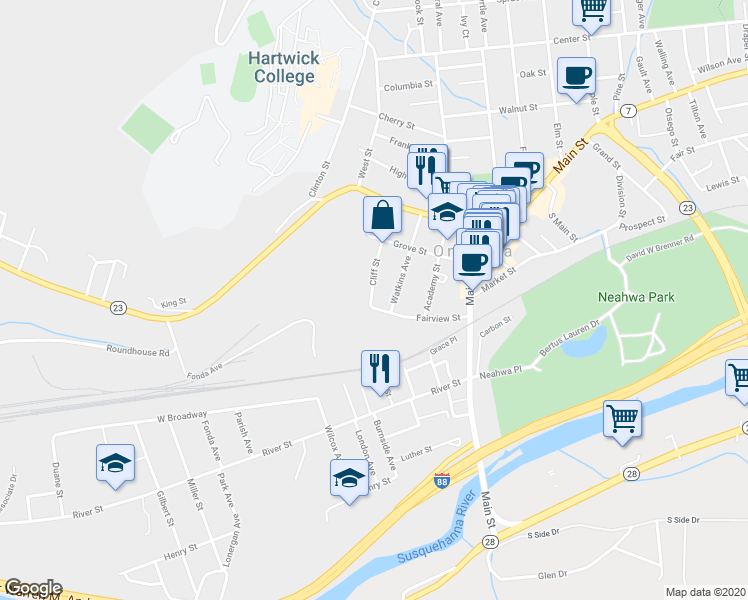 map of restaurants, bars, coffee shops, grocery stores, and more near 7 Watkins Avenue in Oneonta
