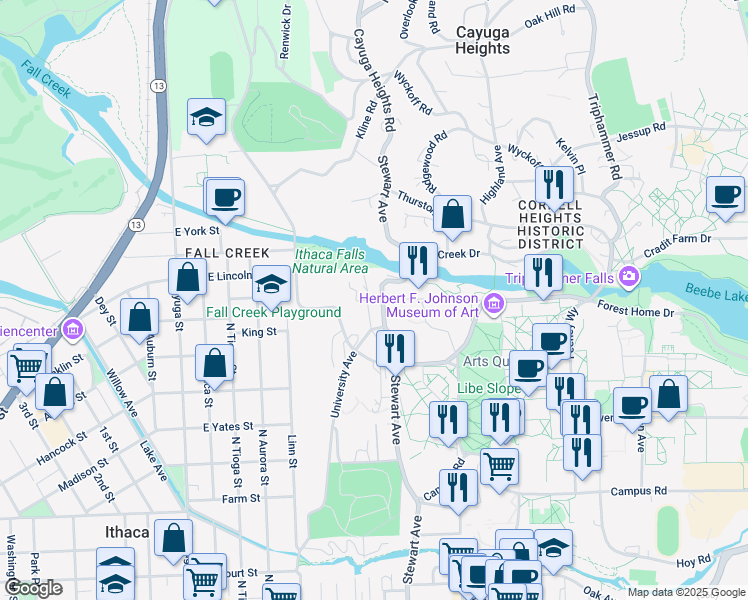 map of restaurants, bars, coffee shops, grocery stores, and more near 217 Willard Way in Ithaca