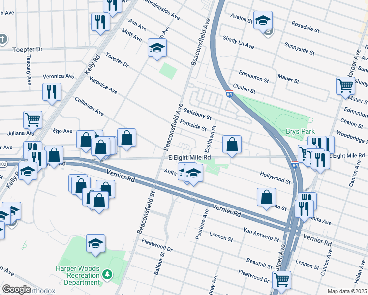 map of restaurants, bars, coffee shops, grocery stores, and more near 20816 Beaconsfield Avenue in St. Clair Shores