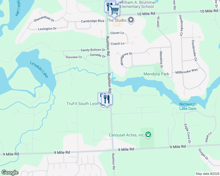 map of restaurants, bars, coffee shops, grocery stores, and more near 10520 Rushton Road in South Lyon
