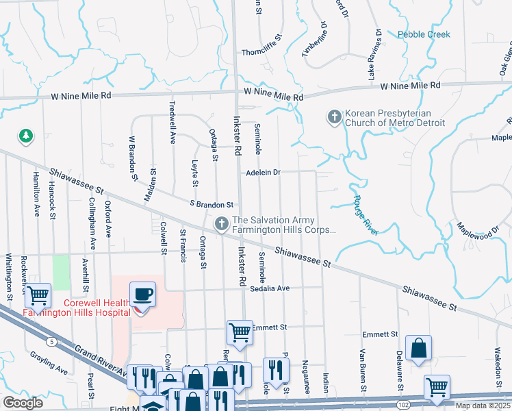 map of restaurants, bars, coffee shops, grocery stores, and more near 21755 Seminole Street in Southfield