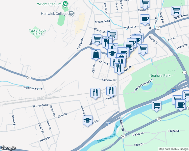 map of restaurants, bars, coffee shops, grocery stores, and more near 7 Watkins Avenue in Oneonta
