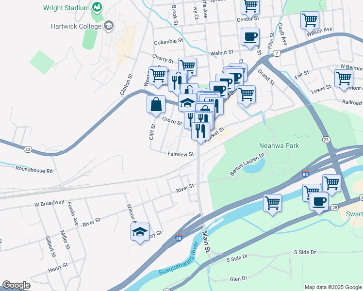 map of restaurants, bars, coffee shops, grocery stores, and more near 33 Academy Street in Oneonta