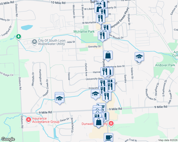 map of restaurants, bars, coffee shops, grocery stores, and more near 254 Harvard in South Lyon