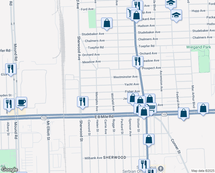 map of restaurants, bars, coffee shops, grocery stores, and more near 7084 Yacht Avenue in Warren