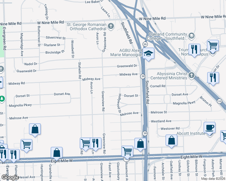 map of restaurants, bars, coffee shops, grocery stores, and more near 18449 Cornell Rd in Southfield