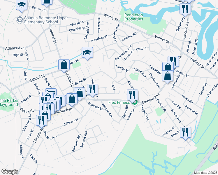 map of restaurants, bars, coffee shops, grocery stores, and more near 23 Hillside Avenue in Saugus