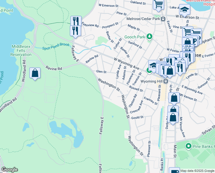 map of restaurants, bars, coffee shops, grocery stores, and more near 359 Washington Street in Melrose