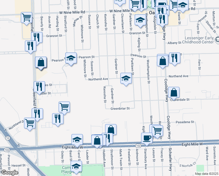 map of restaurants, bars, coffee shops, grocery stores, and more near 21151 Gardner Street in Oak Park