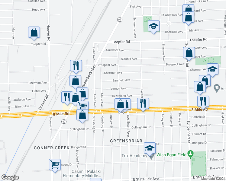 map of restaurants, bars, coffee shops, grocery stores, and more near 12472 Vernon Avenue in Warren