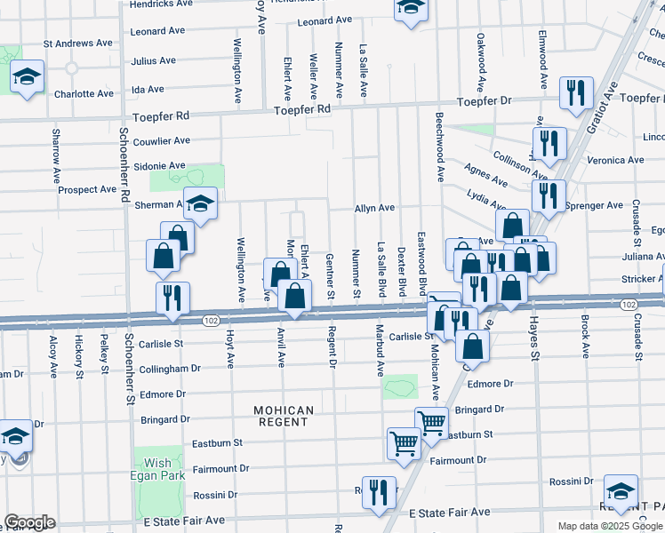 map of restaurants, bars, coffee shops, grocery stores, and more near 20816 Gentner Street in Warren