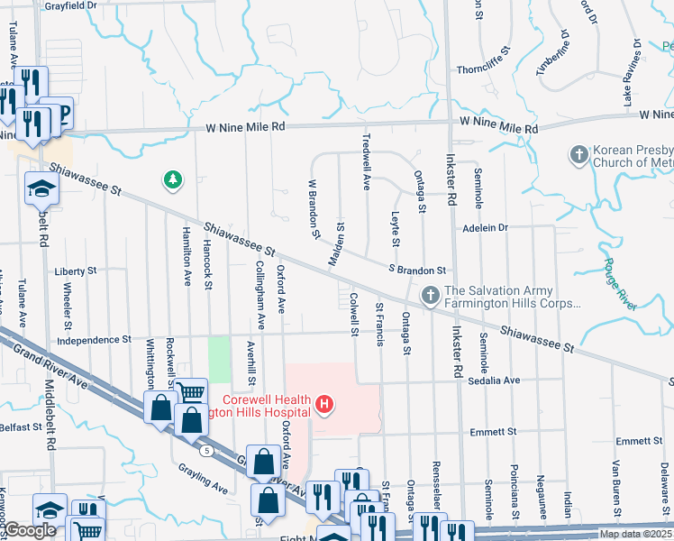 map of restaurants, bars, coffee shops, grocery stores, and more near 27920 Shiawassee Street in Farmington Hills