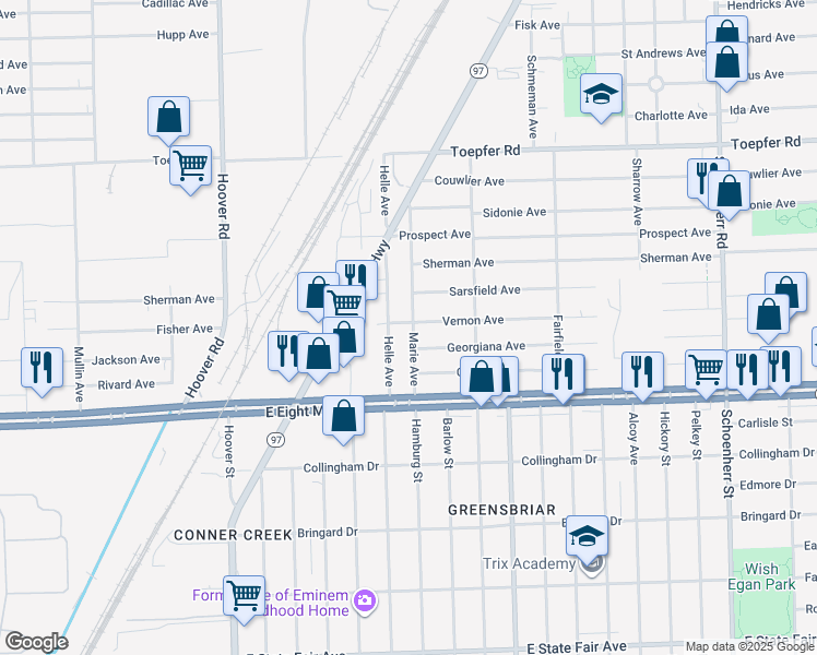 map of restaurants, bars, coffee shops, grocery stores, and more near 20885 Marie Avenue in Warren