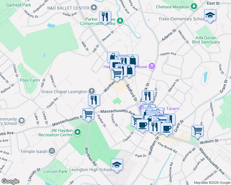 map of restaurants, bars, coffee shops, grocery stores, and more near 34 Worthen Road in Lexington