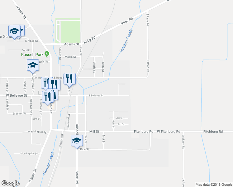 map of restaurants, bars, coffee shops, grocery stores, and more near 614 East Bellevue Street in Leslie
