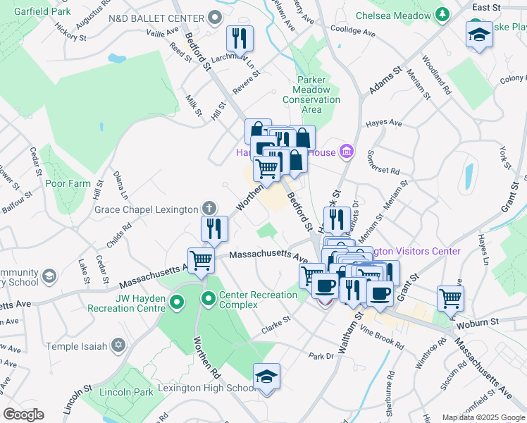 map of restaurants, bars, coffee shops, grocery stores, and more near 34 Worthen Road in Lexington