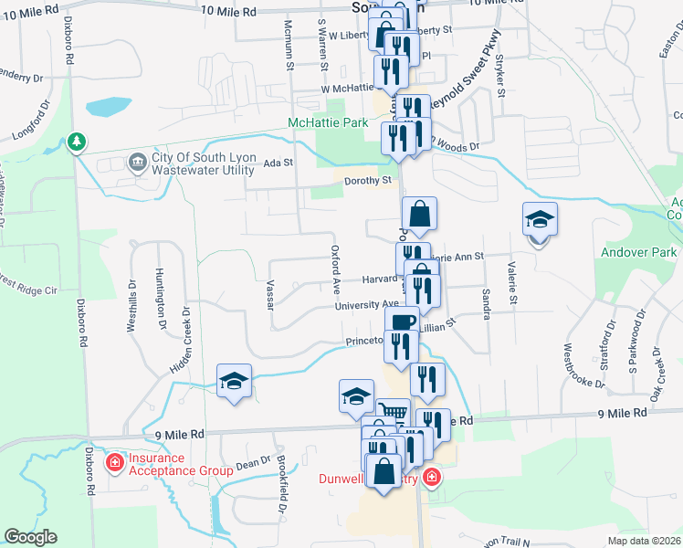 map of restaurants, bars, coffee shops, grocery stores, and more near 254 Harvard in South Lyon