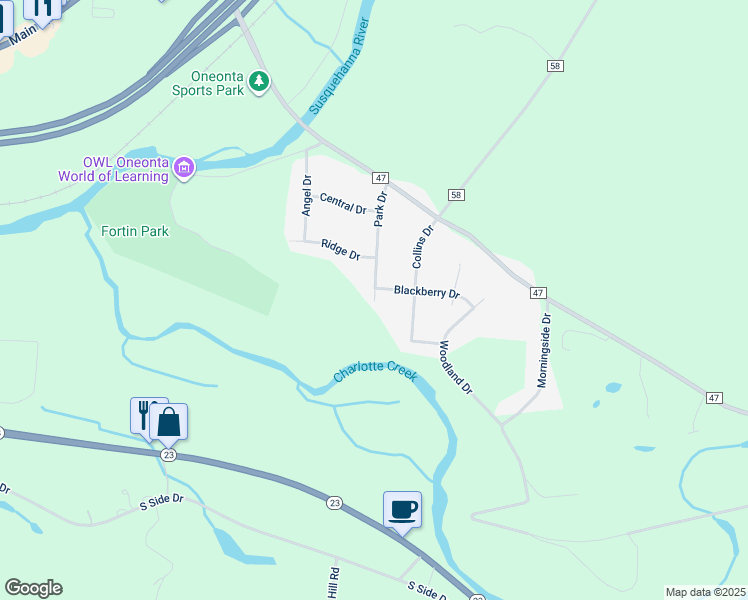 map of restaurants, bars, coffee shops, grocery stores, and more near 198 Park Dr in Oneonta