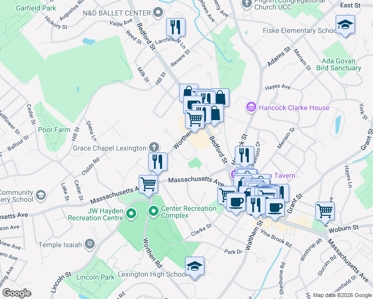 map of restaurants, bars, coffee shops, grocery stores, and more near 34 Worthen Road in Lexington