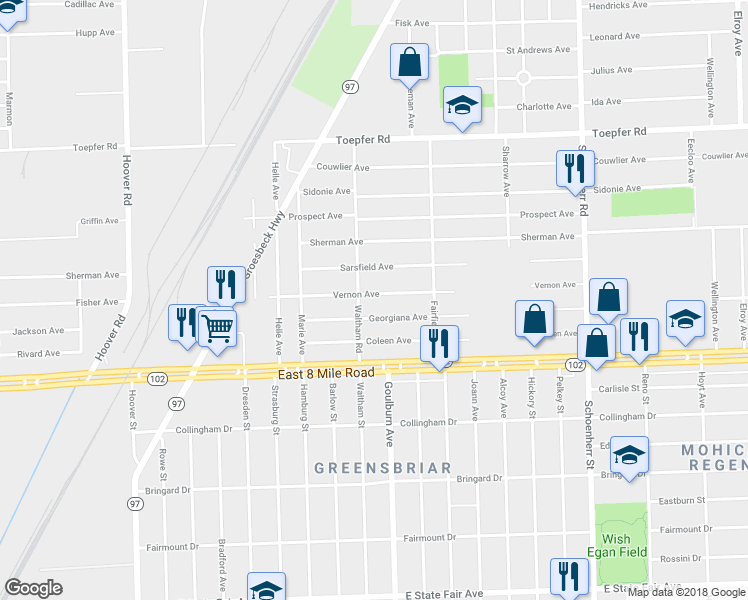 map of restaurants, bars, coffee shops, grocery stores, and more near 12724 Vernon Avenue in Warren