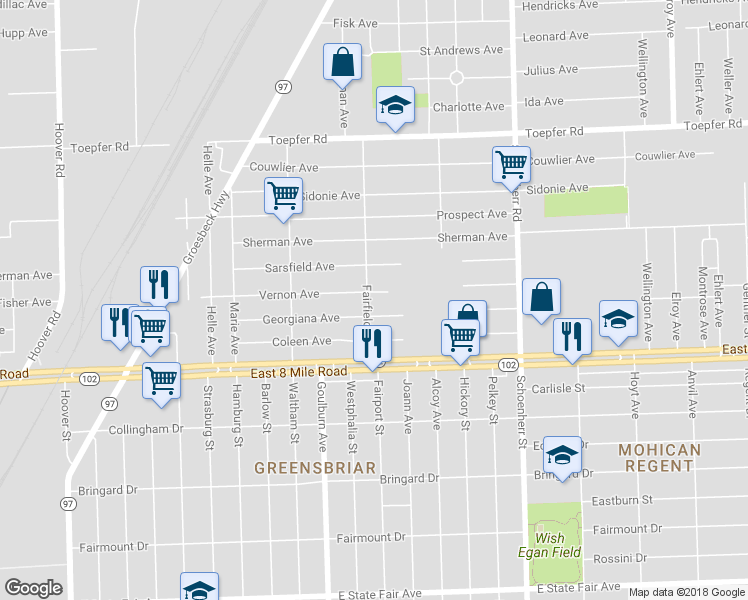 map of restaurants, bars, coffee shops, grocery stores, and more near 13006 Vernon Avenue in Warren