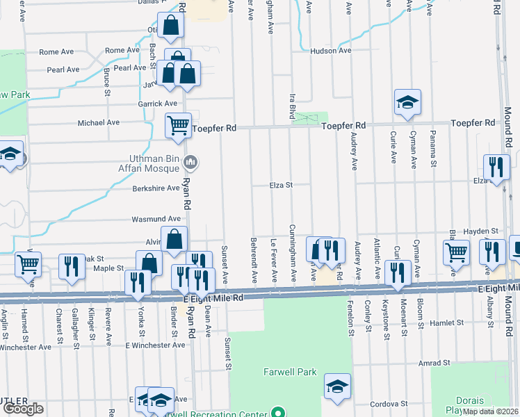 map of restaurants, bars, coffee shops, grocery stores, and more near 21232 Behrendt Ave in Warren