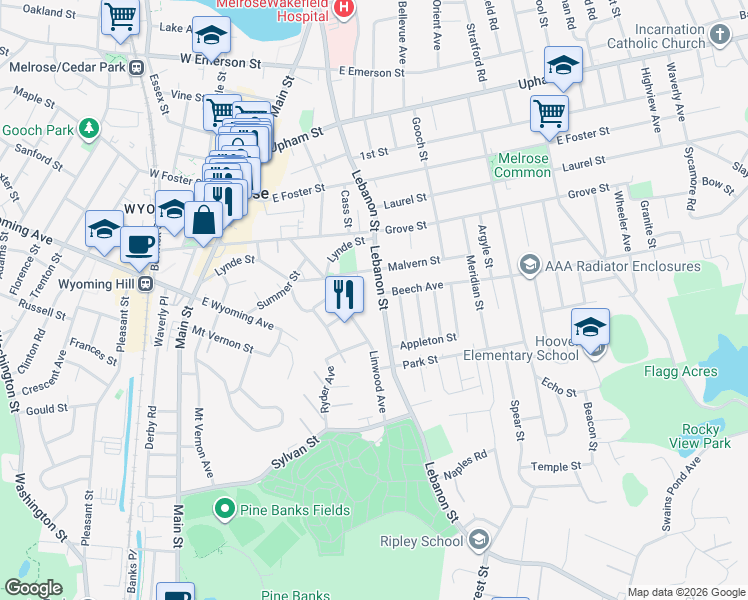 map of restaurants, bars, coffee shops, grocery stores, and more near 350 Lebanon Street in Melrose