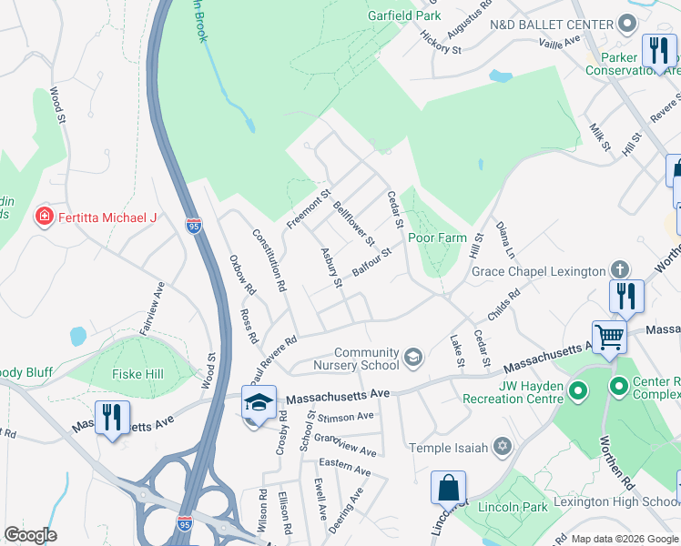 map of restaurants, bars, coffee shops, grocery stores, and more near 35 Balfour Street in Lexington