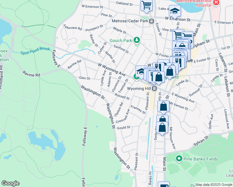 map of restaurants, bars, coffee shops, grocery stores, and more near 46 Trenton Street in Melrose