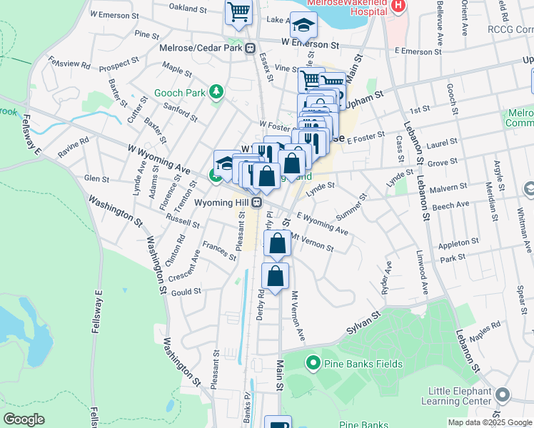 map of restaurants, bars, coffee shops, grocery stores, and more near 20 West Wyoming Avenue in Melrose